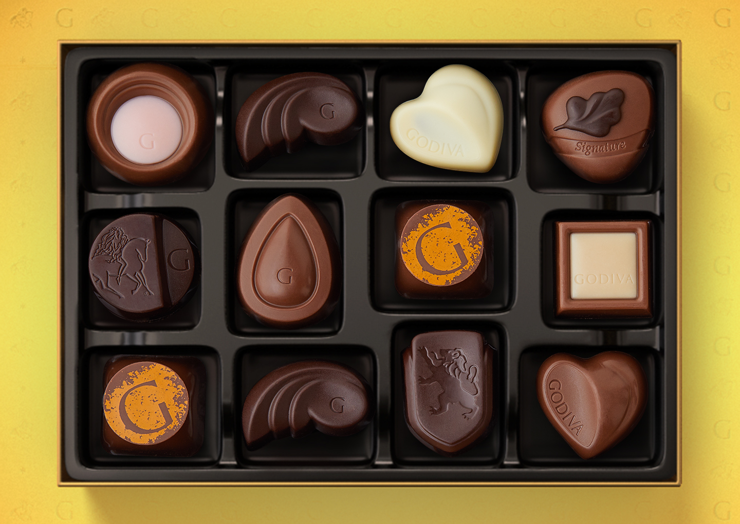 Godiva Gold large box interior chocolates retouched composite